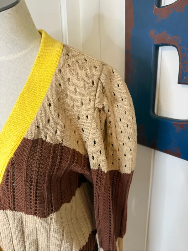 Calligraphie V-Neck Striped Knit Cardigan brown stripes with Yellow Trim Sz L - Image 4