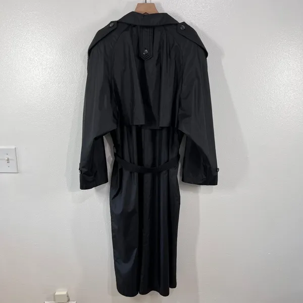 Vtg.80s‎ Maggie Lawrence Black Nylon Trench Coat Rubberized Raincoat Belted Long - Image 2