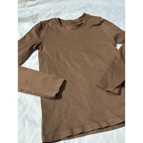 OQQ Brown Long Sleeve Seamless Ribbed Fitted Crew Neck Top Size S - Image 5