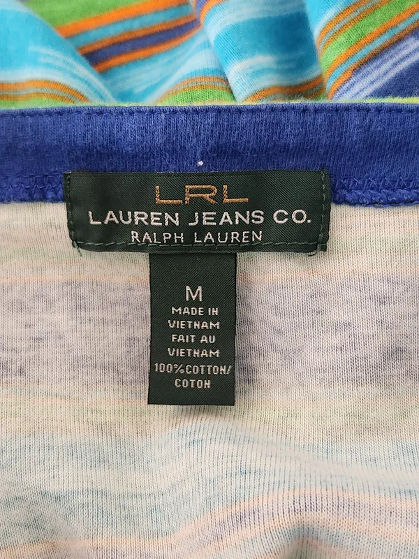 Lauren Ralph Lauren Blue and Green Southwestern Stripe Boat Neck Tee Size Medium - Image 7
