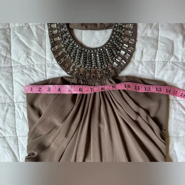 NWT LM Collection Brown / Taupe Beaded Halter Neck Empire Waist Formal Dress - 4 - Image 3