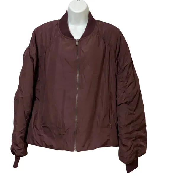 Z by Zella Womens Burgundy Ruched Sleeve Bomber Jacket Size L Full Zip Pocket - Image 3