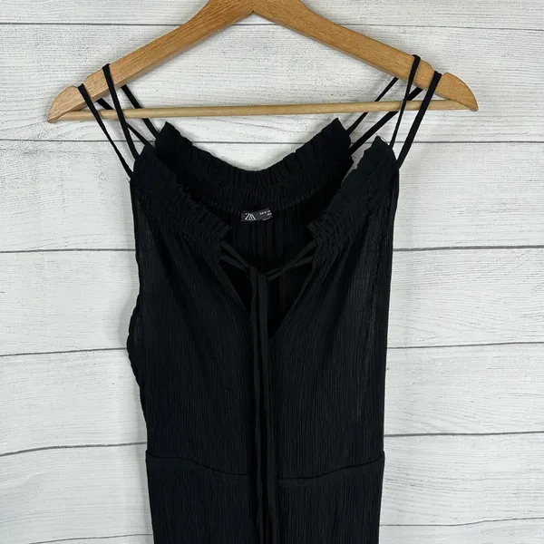 Zara Womens size Medium Crinkle Crepe Jumpsuit Beads Boho Beachy Feminine Black - Image 5