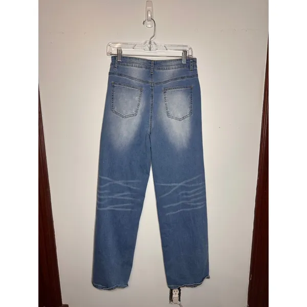 Womens Distressed Wide Leg Jeans Medium Wash Ripped High Rise Blue Size M - Image 2