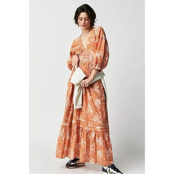 Free People Golden Hour Maxi Dress Bohemian Floral Dainty Tan Neutral Small - Image 6