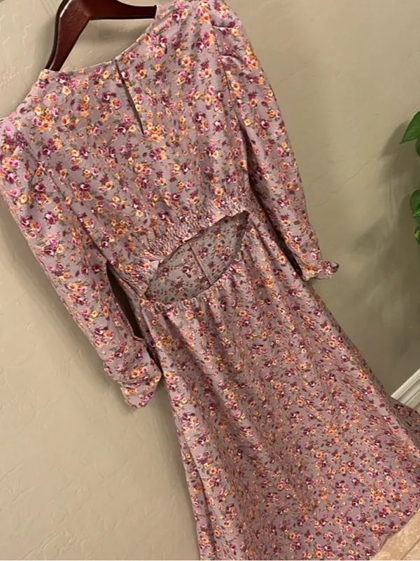 ASTR the Label Puff Sleeve V-Neck Back Cutout Midi Dress, purple peach floral XL - Image 16