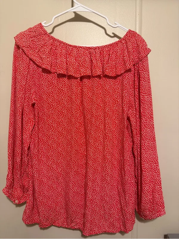 New Womens LOFT Red Ruffled V-Neck Blouse M - Image 4