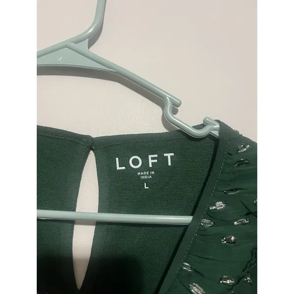 Loft Blouse Womens L Large Green Silver Shimmer Dotted Ruffle Yoke Mixed Media - Image 3