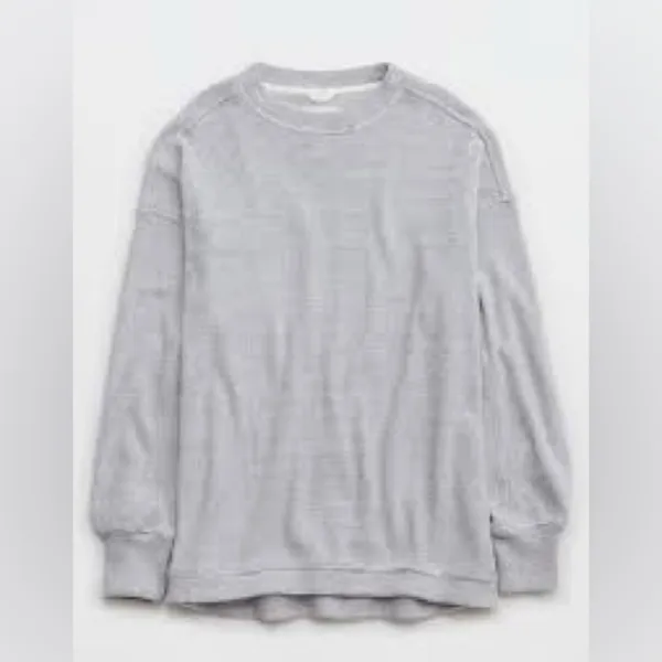 Aerie Gray White Waffeknit Oversized Crewneck Pullover Sweatshirt - Image 3