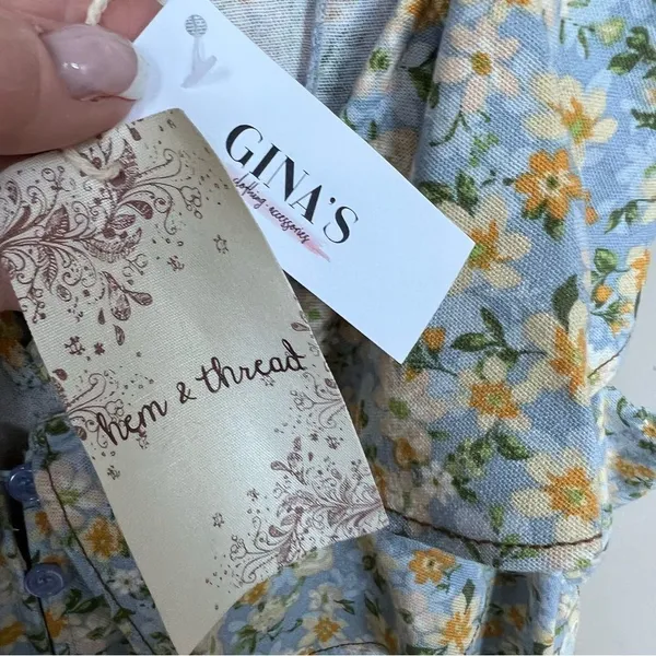 Hem & Thread NWT Peony Floral Ruffle Mini Dress Blue and Yellow Linen Size Small - Image 8