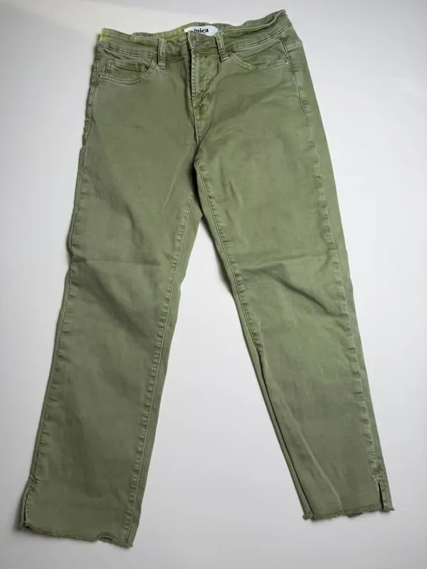 Mica Women’s Olive Cropped Raw Hem Denim Straight Leg Bottom Slit Pants Size 28 - Image 6