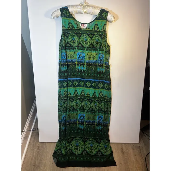 R&K Originals Size 18 Green Blue Black Geometric Scoop Neck Rayon Maxi Side Slit - Image 2