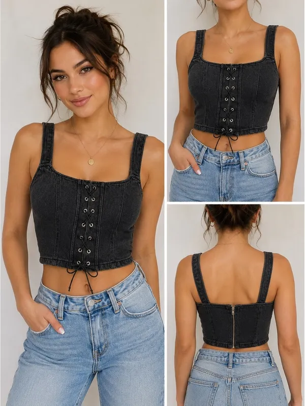 Wild Fable Women’s Large Black Denim Corset Crop Top Lace Up Y2K Grunge - Image 2