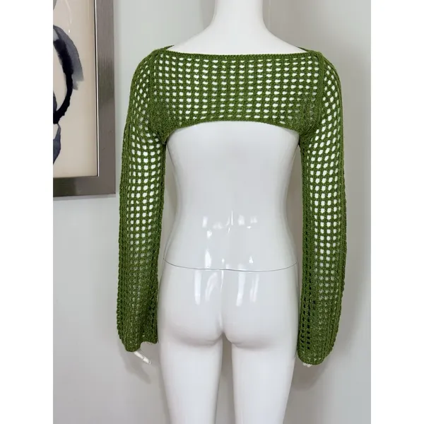 Women Open Knit Bolero Shrug Long Flare Sleeve Crop Top Cover Up Festival Size S - Image 6