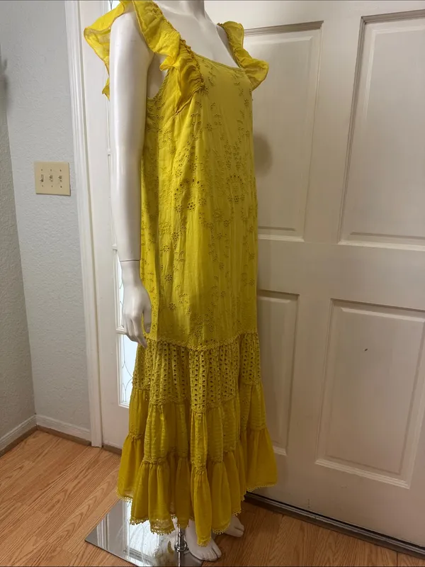 Payal Jain BOHO Yellow Eyelet Floral Lace by Anthropologie Maxi Dress Dz 2 - Image 11