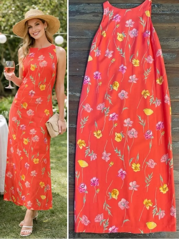 Vintage Plaza South Vibrant Floral Print Sleeveless Maxi Dress ~ Size 10💚🍄 - Image 2