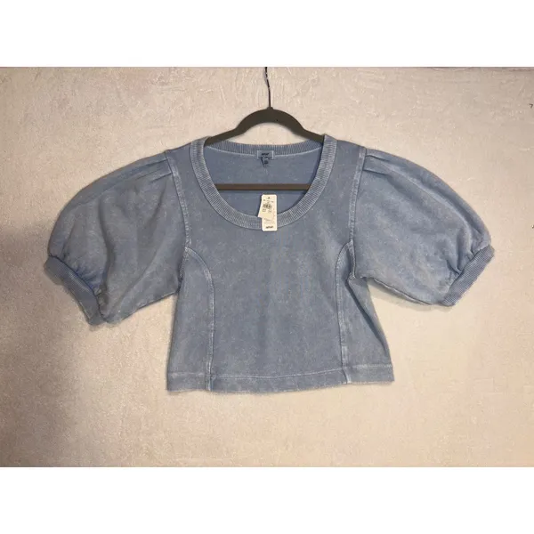 Aerie Seams Right Blue Acid Wash Puff Sleeve‎ Cropped Sweatshirt Scoop Neck NWT - Image 2