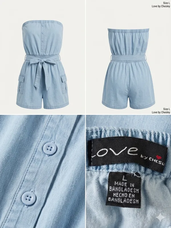 Strapless Light Wash Denim Romper with Tie Belt - Image 2