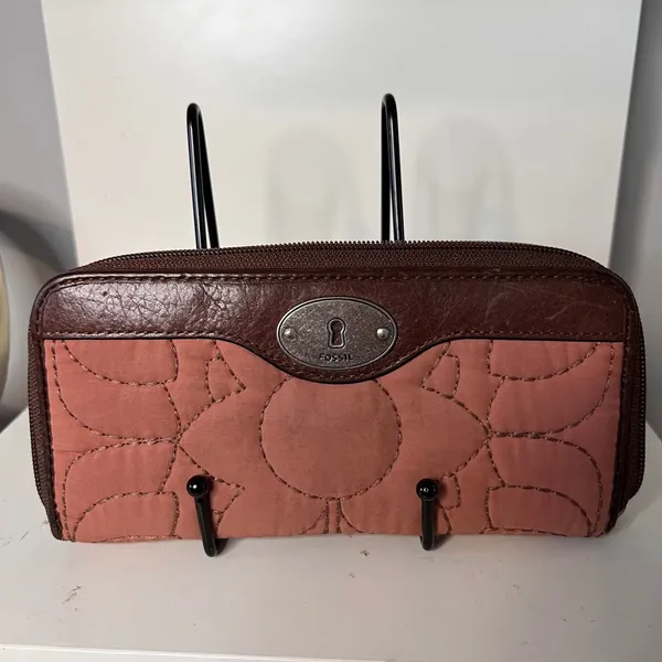 VTG Fossil Key-Per Floral Wallet Brown Leather Zip Around Clutch Organizer Purse - Image 2