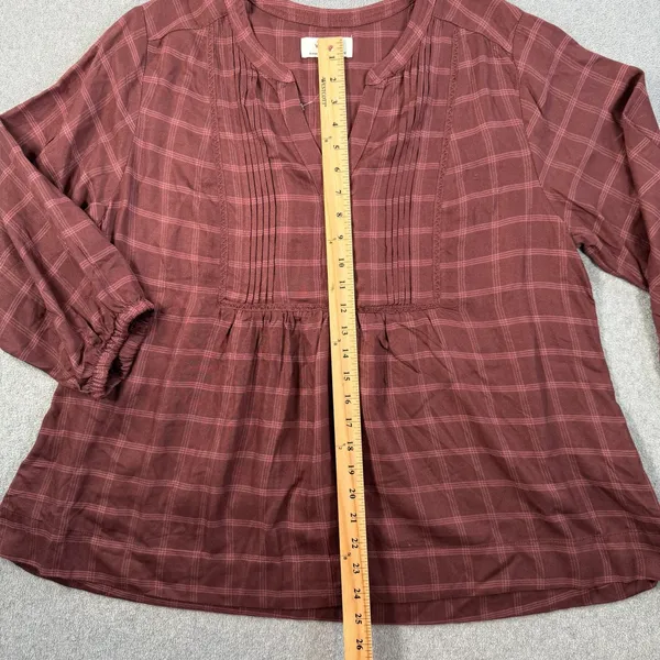 Wrangler Women's XL Burgundy Plaid Pleated V-Neck 3/4 Sleeve Peasant Blouse Top - Image 7