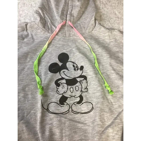 Disney Mickey Mouse Cropped Hoodie Gray Neon Drawstring Large‎ (11-13)NWOT - Image 2