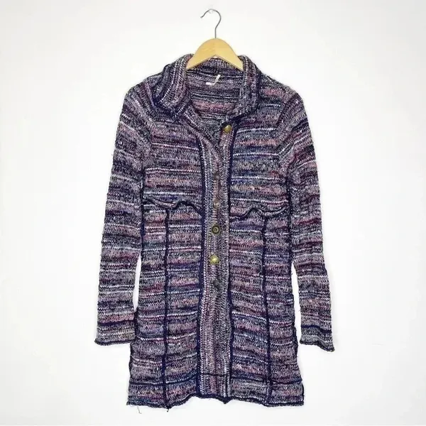 Free People Purple Tweed Cardigan Sweater Size Small - Image 2