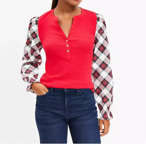 LOFT Women’s Ribbed Henley Red Plaid Mixed Media‎ Puff Shirred Ruffle Sleeves S - Image 2