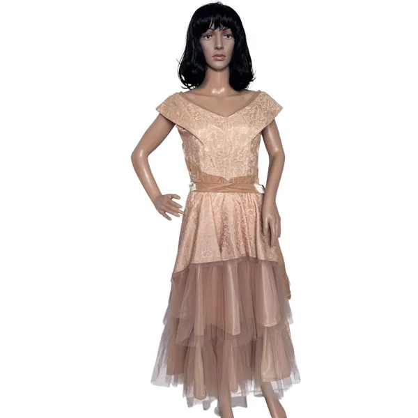 Vintage 1950s 1960s Handmade Champagne Lace Tulle Party Dress XS - Image 2