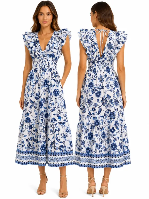 Adrianna Papell -‎ Toile Inspired Floral Cotton Ruffle Midi Dress - Image 2