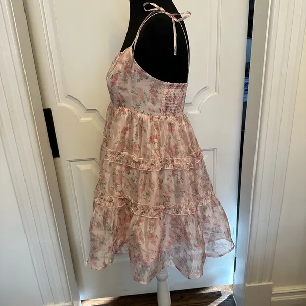 Altar’d State Spaghetti Strap Pink Floral Ruffled Dress - Image 4