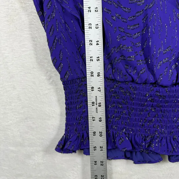 Ramy‎ Brook Purple Silk Metallic Flutter Sleeve Smocked Waist Blouse XS - Image 5