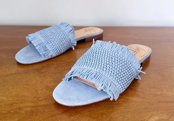 Latigo • Anthropologie Sofie Fringed Slide Sandal woven mules flat blue suede - Image 7