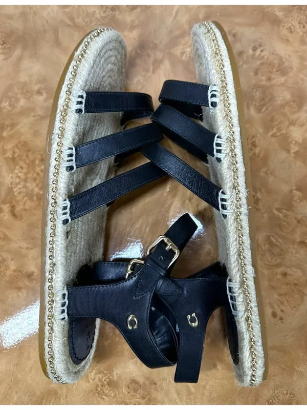 NEW Coach Carissa C2794 Black Leather Espadrille Sandals Gold Trim 8.5B - Image 6