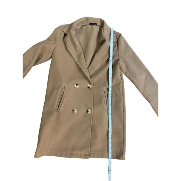 Boohoo Womens Double Breasted Button Wool Look Coat in Camel Sz S‎ - Image 8