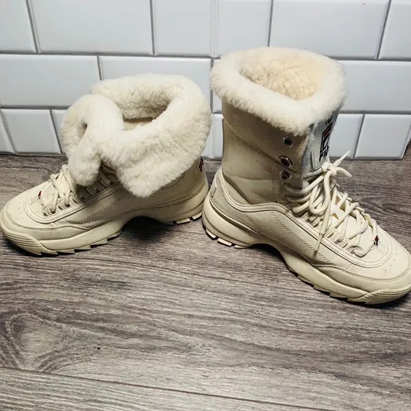 Fila Disruptor Lug Boot Winter White Faux Fur Trim‎ Lace Up Ankle Boots Size 7 - Image 14
