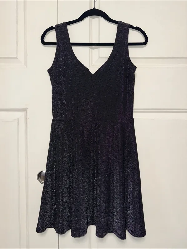 Sleeveless Shimmer V-Neck Mini Dress in Black - Image 3