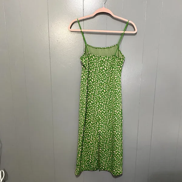 Zara Green Pink Jacquard Spaghetti Straps Straight Neck Fitted Midi Dress L - Image 5
