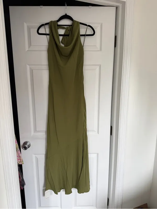 Abercrombie Olive Halter Satin Maxi Dress - Image 4