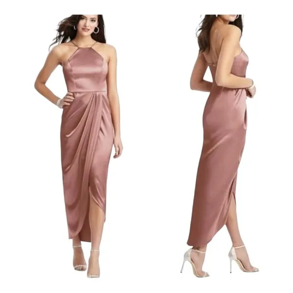 After‎ Six Desert Rose Charmeuse Halter Midi Dress Draped Tulip Skirt 6829 Sz 2R - Image 2