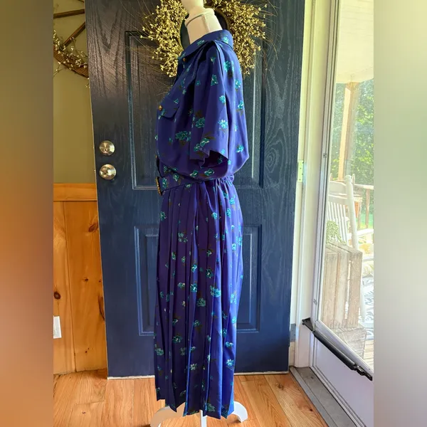 Blue Midi Dress 80s Blouson Floral Print Dress Button Back 80s Draped High Waist - Image 4