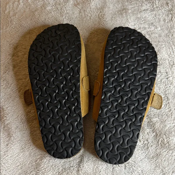 Tory Burch Mustard Suede Mules with Gold Buckle - Image 4