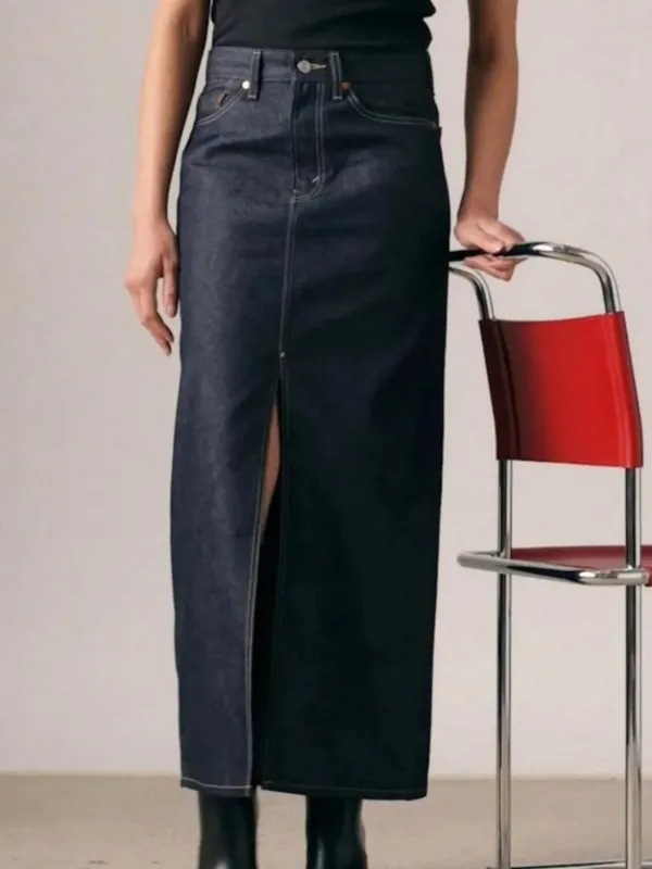 Levi's NWT High-Waist Dark Blue Denim Exposed Maxi Skirt SZ-32 pockets - Image 2