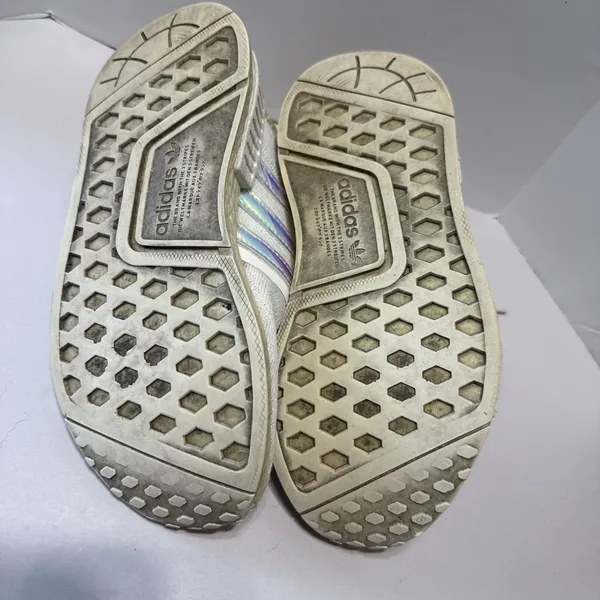 adidas‎ NMD_R1 White Iridescent Sneakers Tennis Shoes Women’s 6.5 Silver Stripes - Image 6