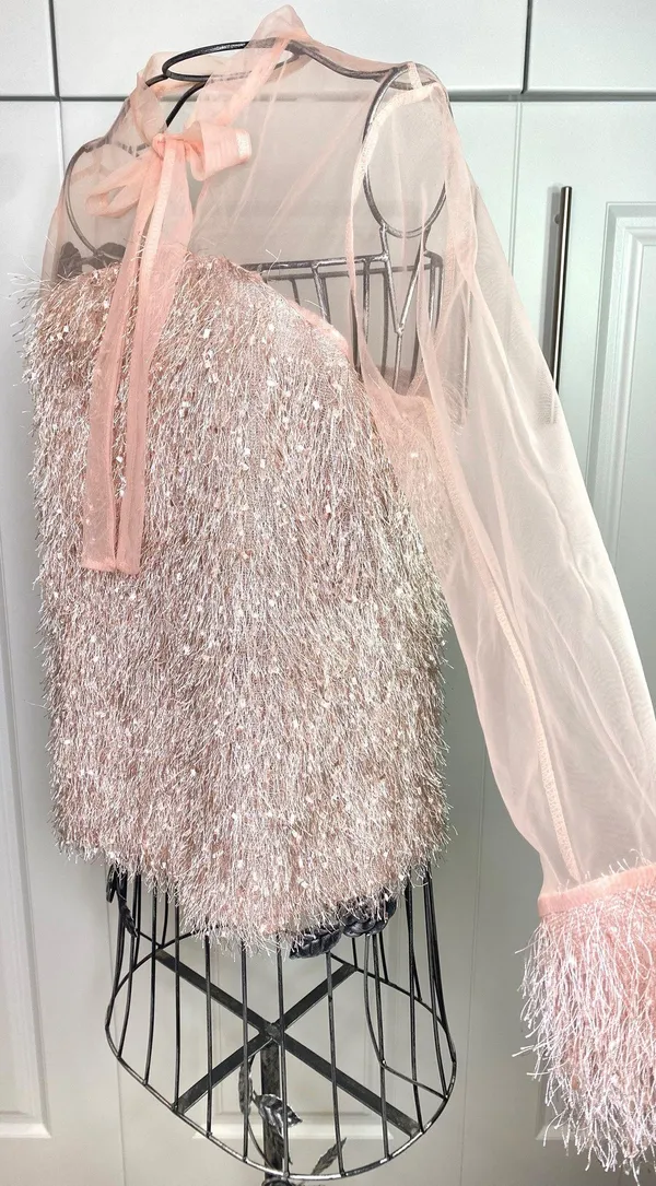 Blush Pink Contrast Mesh Tie Neck Shaggy Fringe Blouse - Image 13