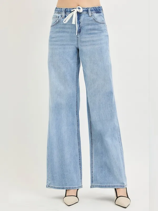 RISEN Light Wash Wide Leg Jeans Elastic Cinch Tie Waist Slouchy Various NEW - Image 12