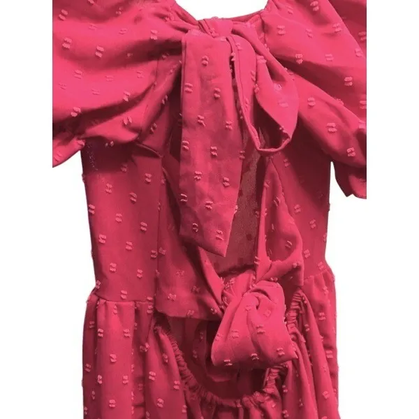 SheIn Hot Pink Swiss Dot Puff Sleeve Tie Back Tiered Mini Dress Flirty Womens‎ Small 4 - Image 12