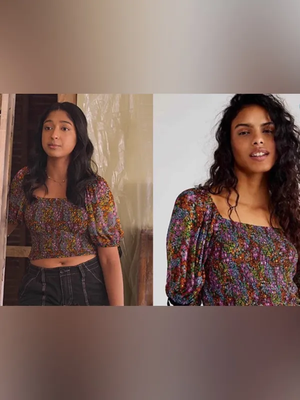Free People Floral Puff-Sleeve Crop Top in Multi Colors - Image 2