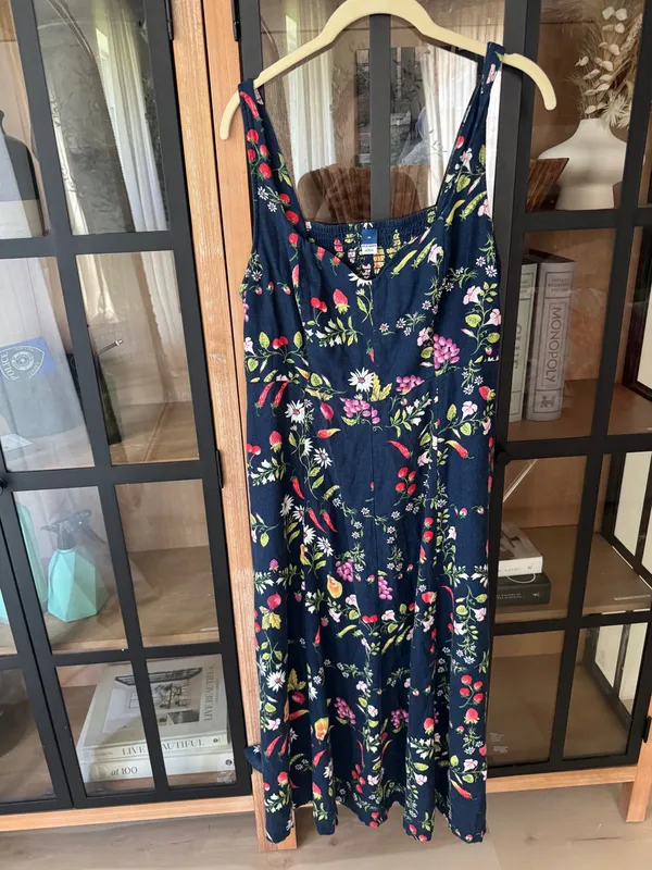 Old Navy fruits veggies midi dress linen fit & flare navy sleeveless pockets - Image 2