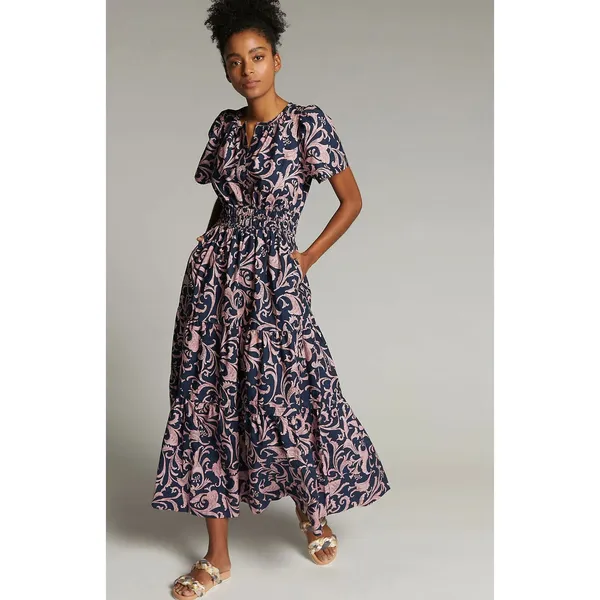 ANTHROPOLOGIE Somerset Paisley Maxi Dress in Navy Blue / Marin Size XL Petite - Image 2