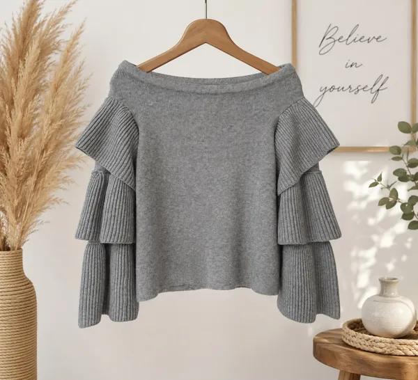 Endless Rose Off-the-Shoulder Tiered Ruffle Sleeve Sweater in Heather Grey 🩶 - Size S - Image 3